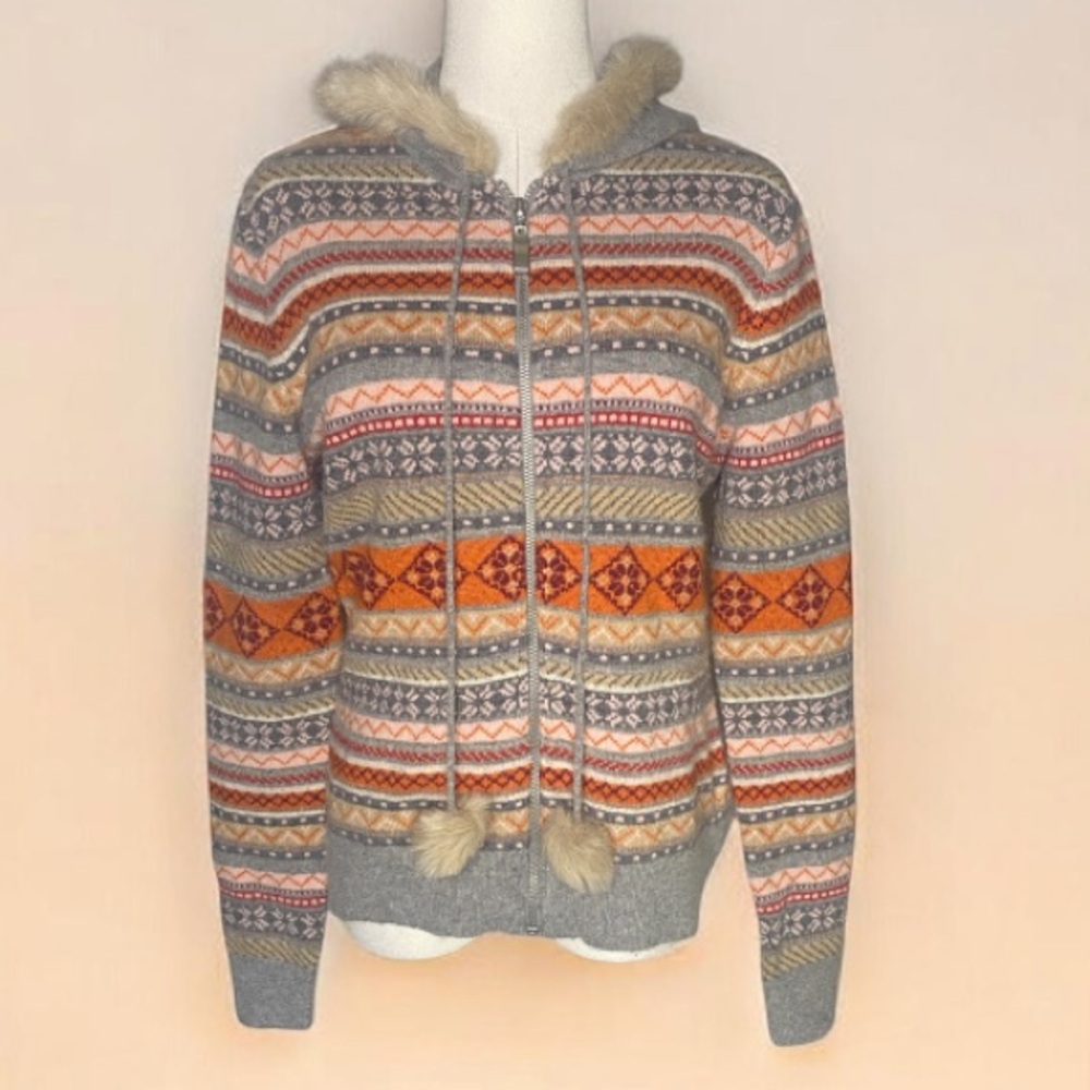 BOSTON PROPER Fair Isle Wool Blend Fur Trim Hooded Cardigan Sweater Size S